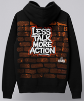Black hoodie with 'Less Talk More Action' graphic on a gray background