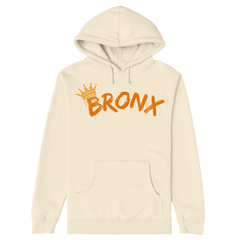 Beige hoodie with 'Bronx' and crown graphic on a white background