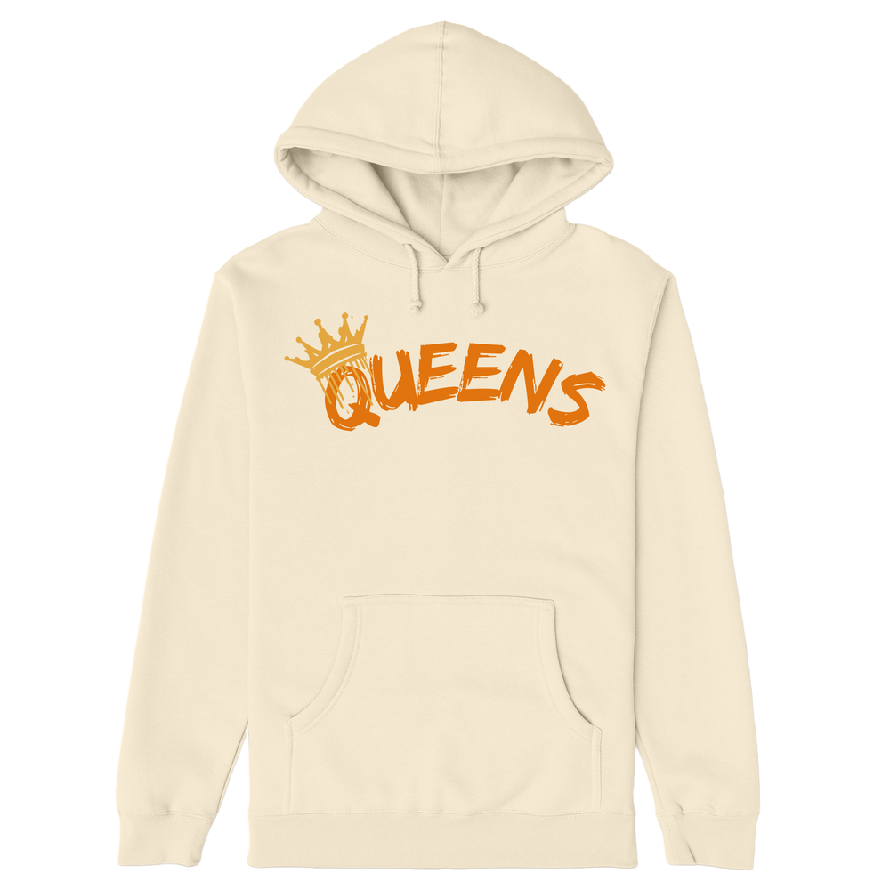 Beige hoodie with 'QUEENS' text and crown graphic on a white background