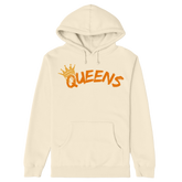 Beige hoodie with 'QUEENS' text and crown graphic on a white background