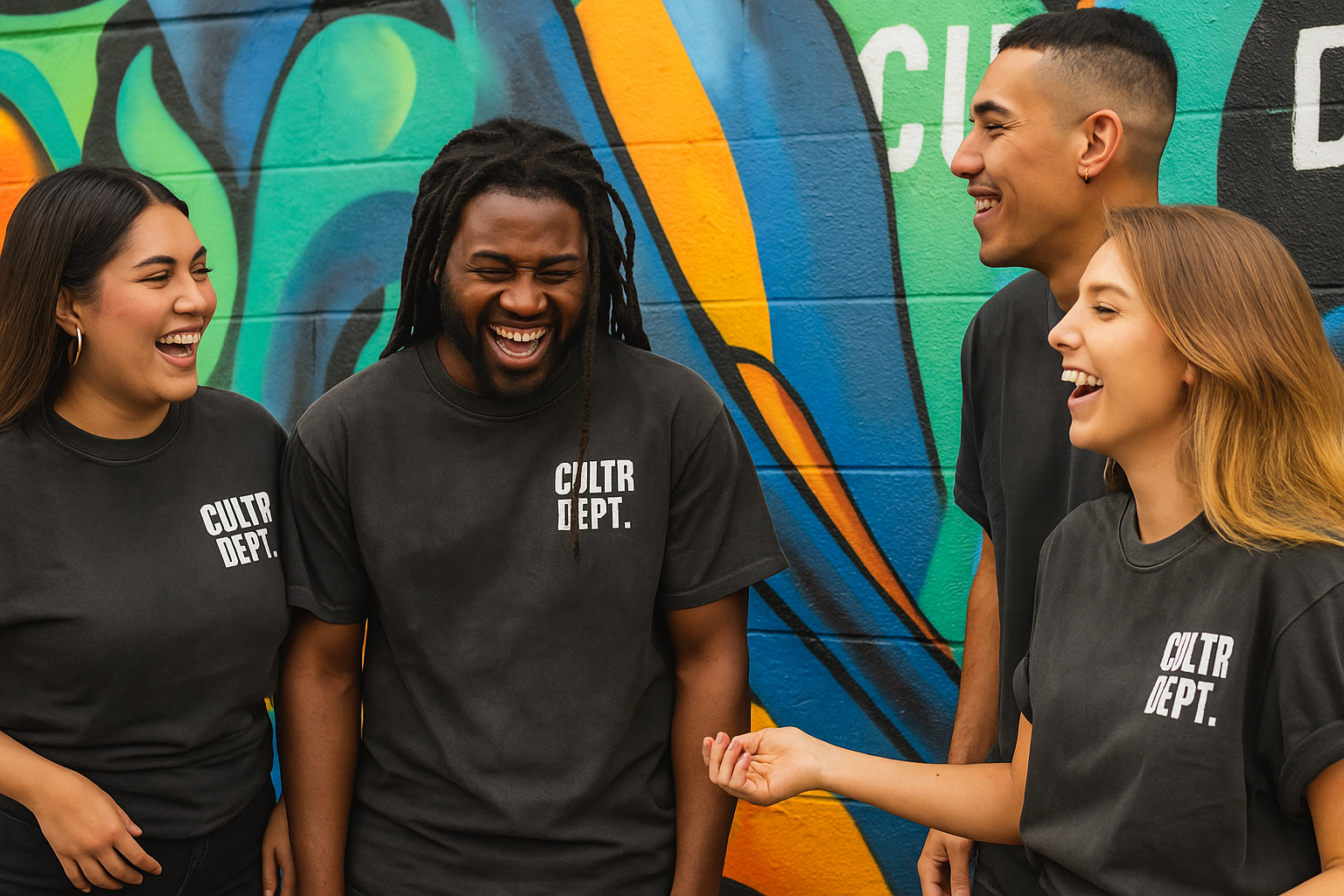 Four people wearing black 'CULTURE DEPT.' shirts laughing in front of a colorful mural.