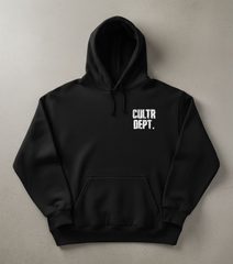 Black hoodie with 'CULTR DEPT.' text on a beige background