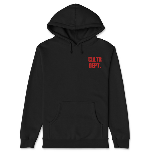 Black hoodie with 'CULTR DEPT.' text in red on a white background