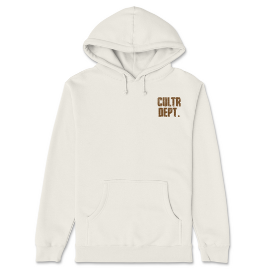 Bone color hoodie with 'CULTR DEPT.' text on a white background