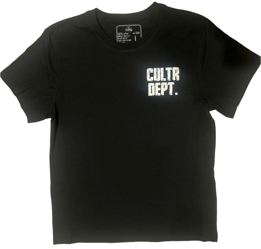 Black t-shirt with 'CULTR DEPT.' text on a white background