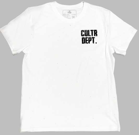 White t-shirt with 'CULTUR DEPT.' text on a gray background