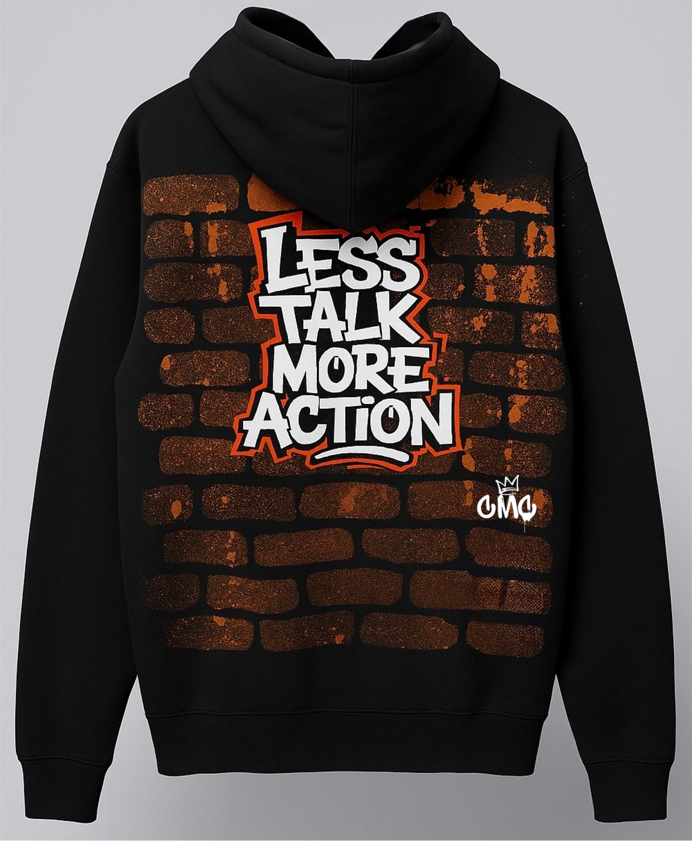 Black hoodie with 'Less Talk More Action' graphic on a gray background