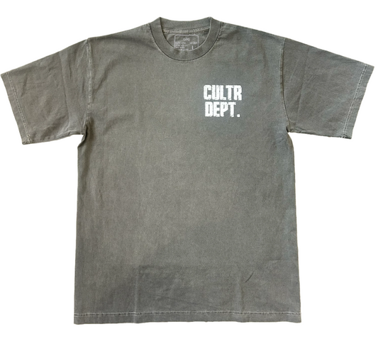 Gray t-shirt with 'CULTR DEPT.' text on a white background