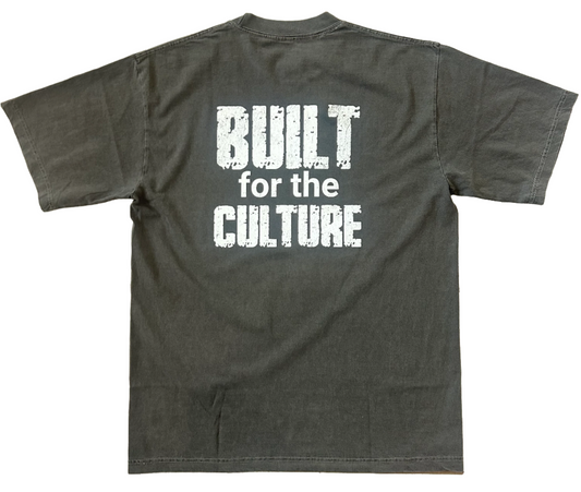Gray t-shirt with 'Built for the Culture' text on the back against a white background