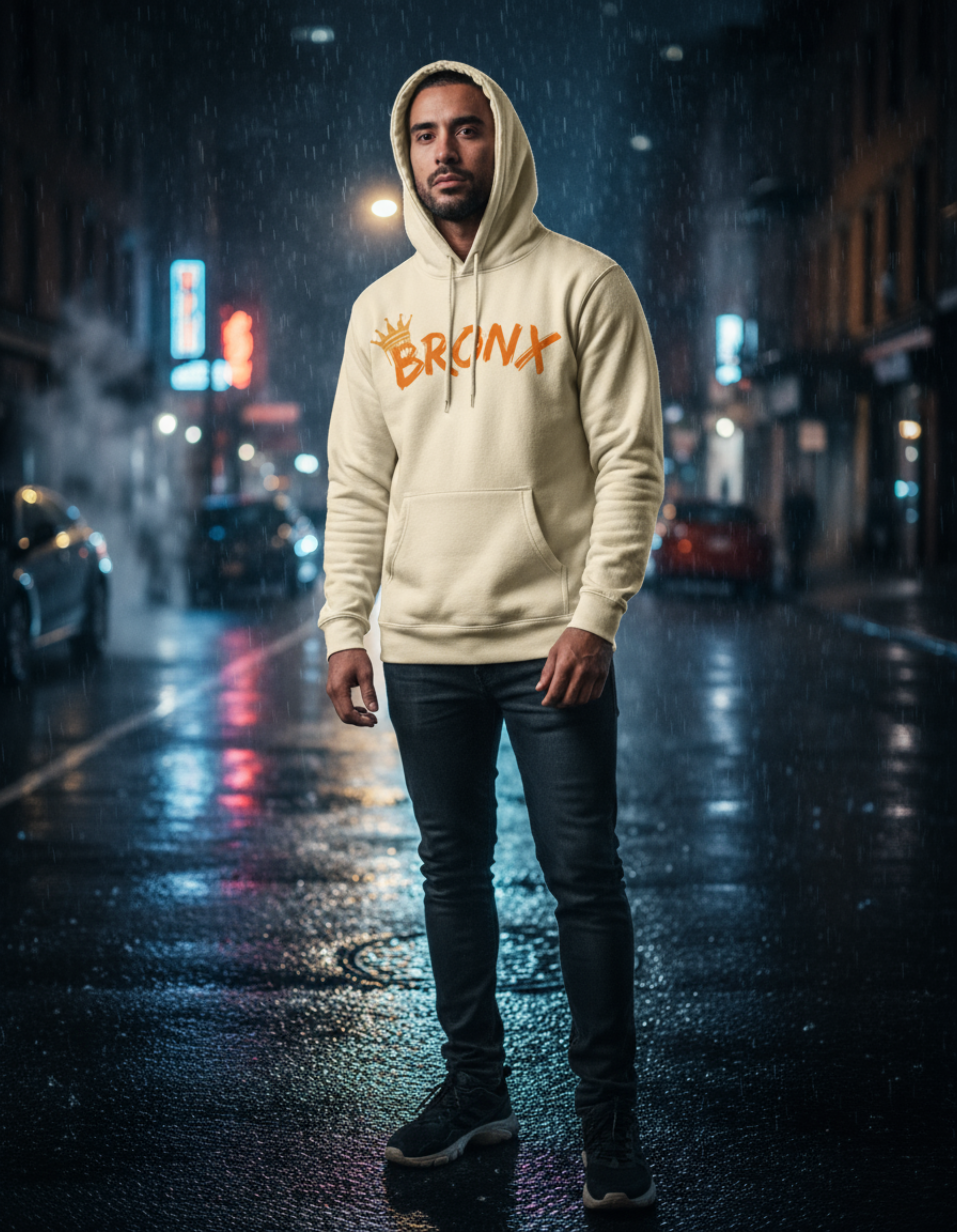 Person wearing a hoodie with 'Bronx' text on a city street at night