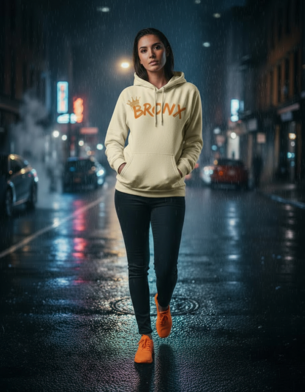 Person wearing a hoodie with 'Bronx' text on a city street at night