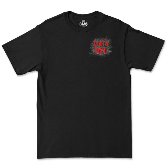 Black t-shirt with red and white text on a white background