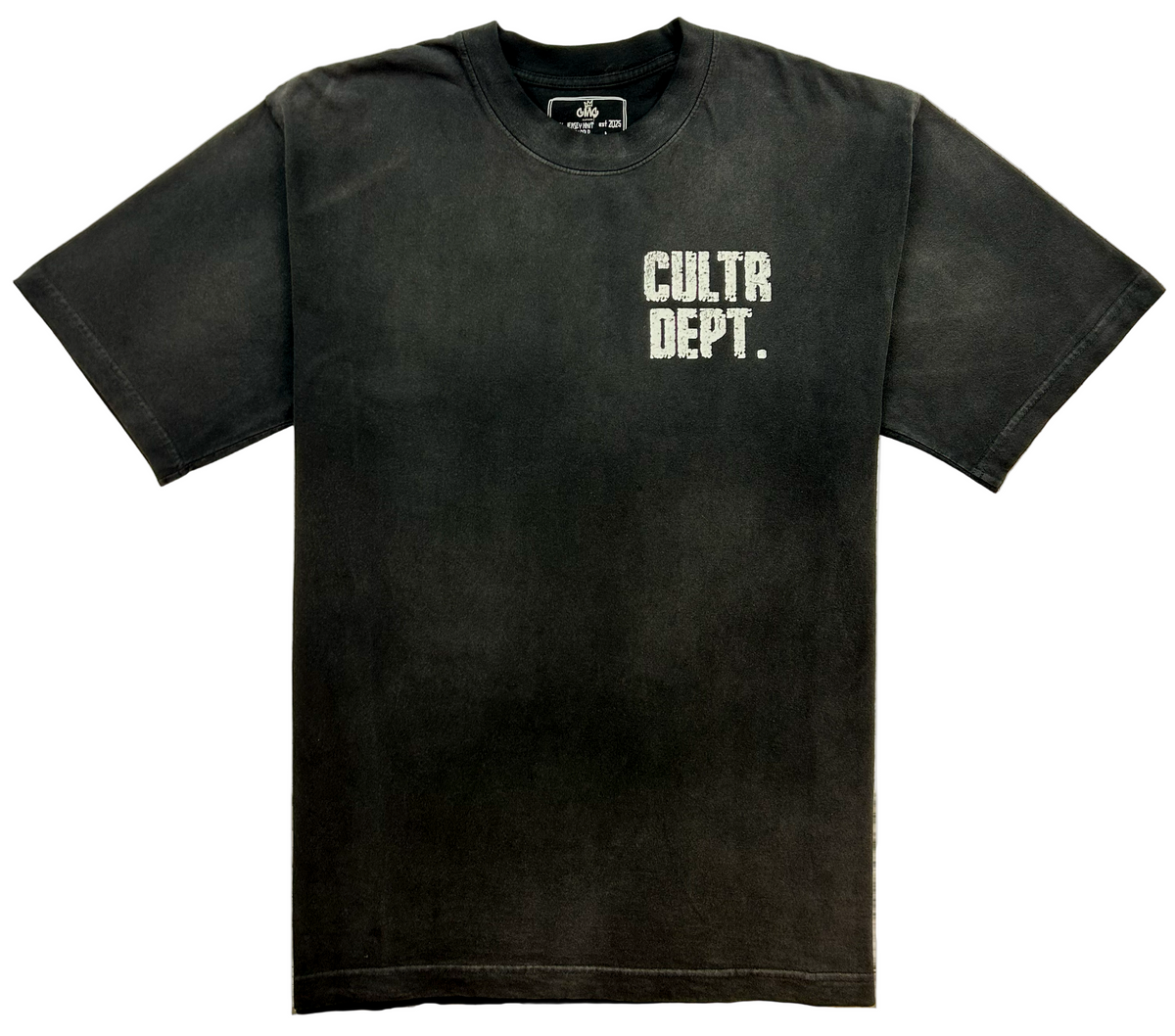 Black t-shirt with 'CULTR DEPT.' text on a white background