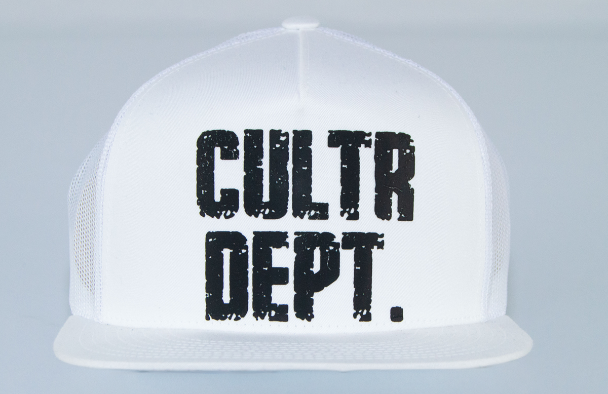 White cap with 'CULTR DEPT.' text on a light gray background