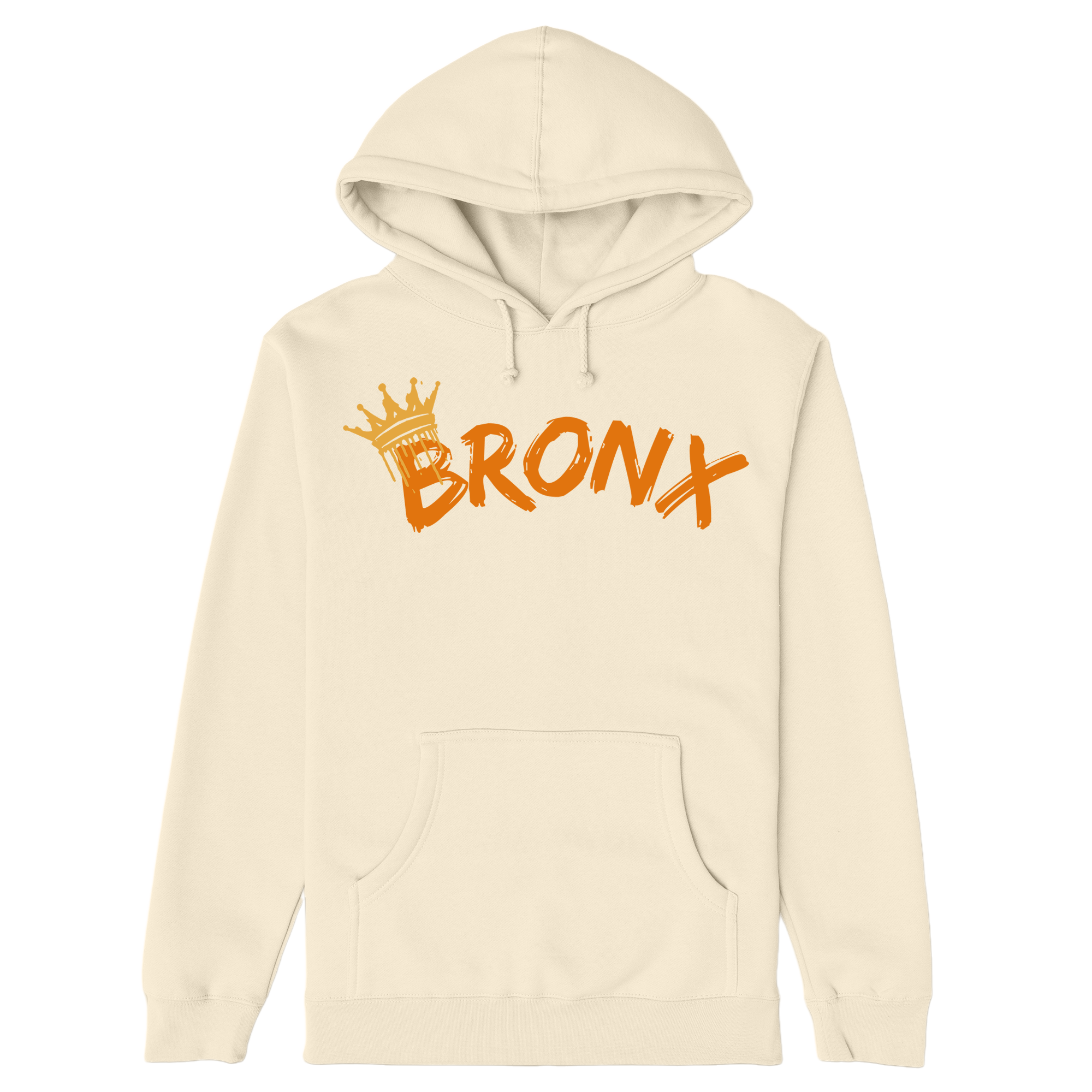 Beige hoodie with 'Bronx' and crown graphic on a white background