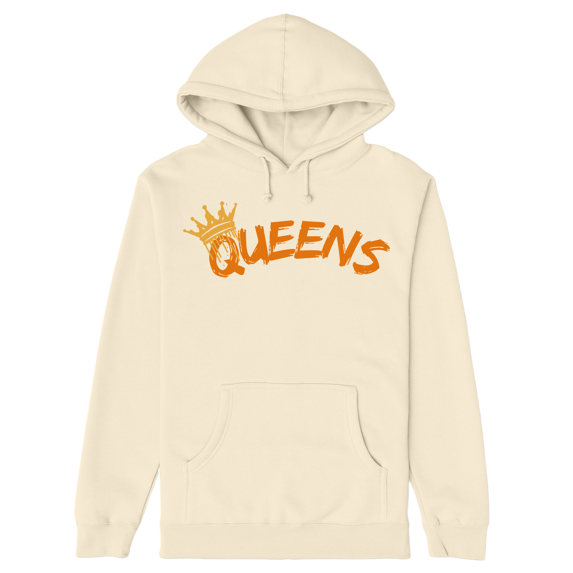 Beige hoodie with 'QUEENS' text and crown graphic on a white background