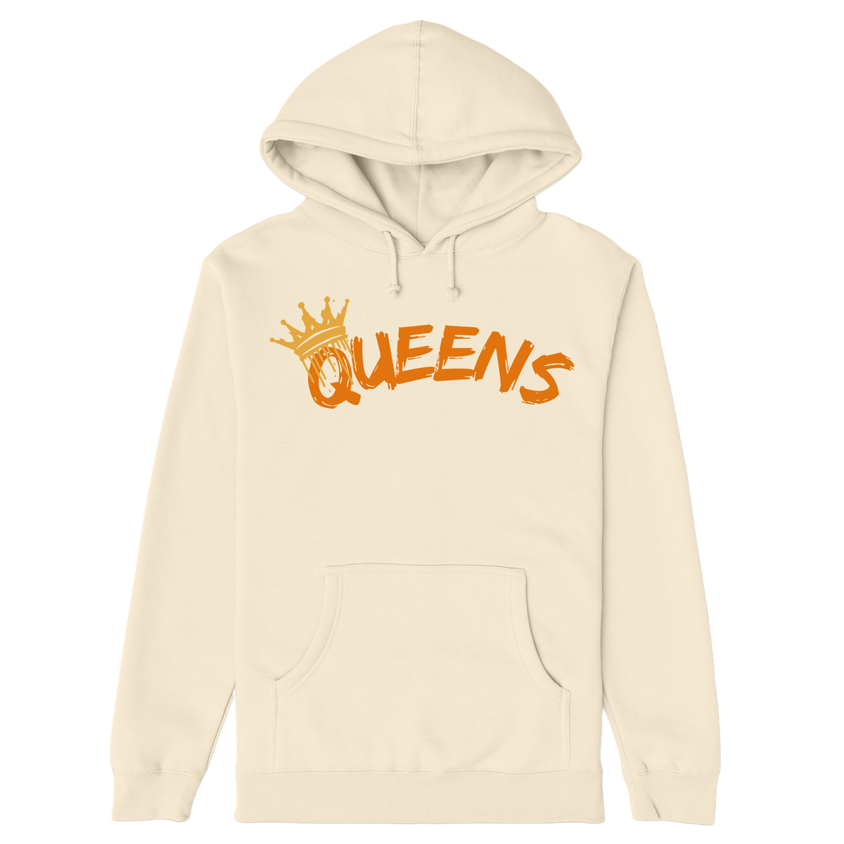 Beige hoodie with 'QUEENS' text and crown graphic on a white background