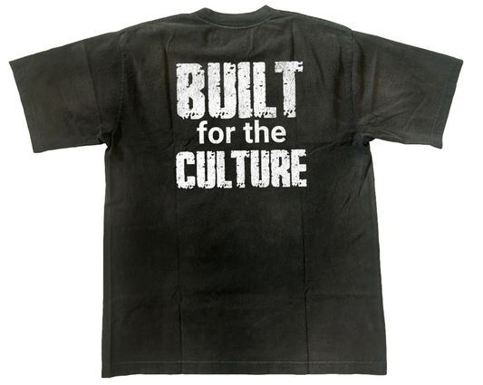 Black t-shirt with 'Built for the Culture' text on the back against a white background