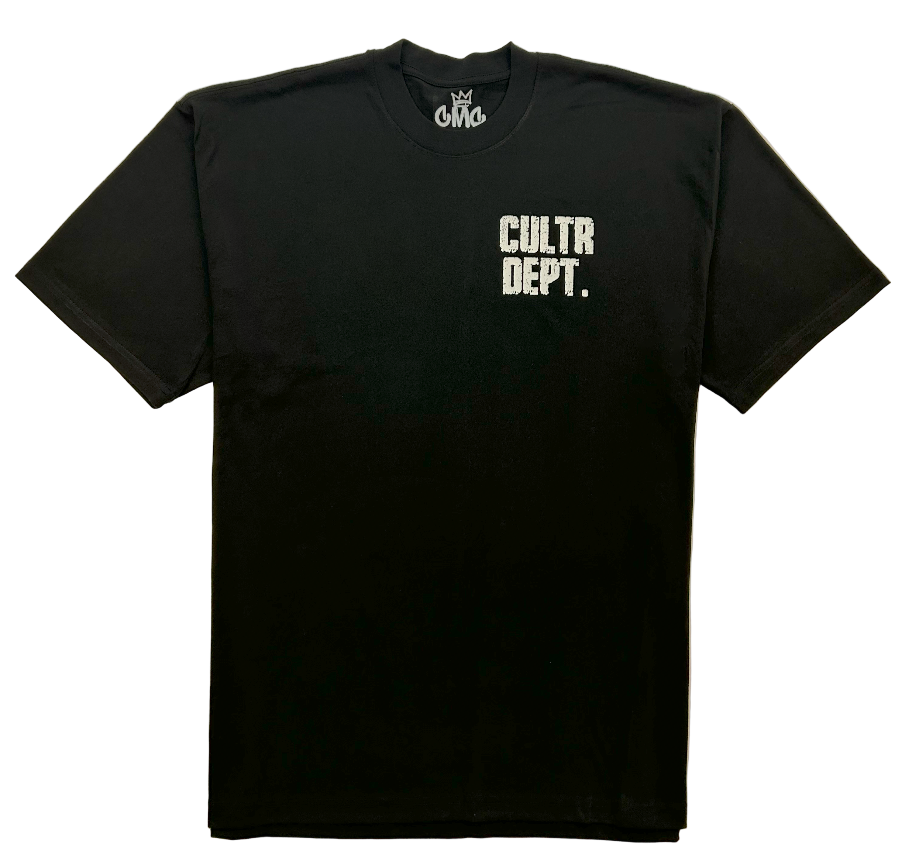 Black t-shirt with 'CULTR DEPT.' text on a white background
