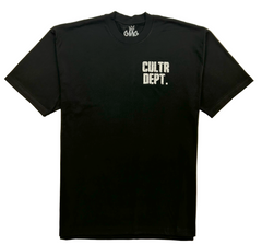 Black t-shirt with 'CULTR DEPT.' text on a white background